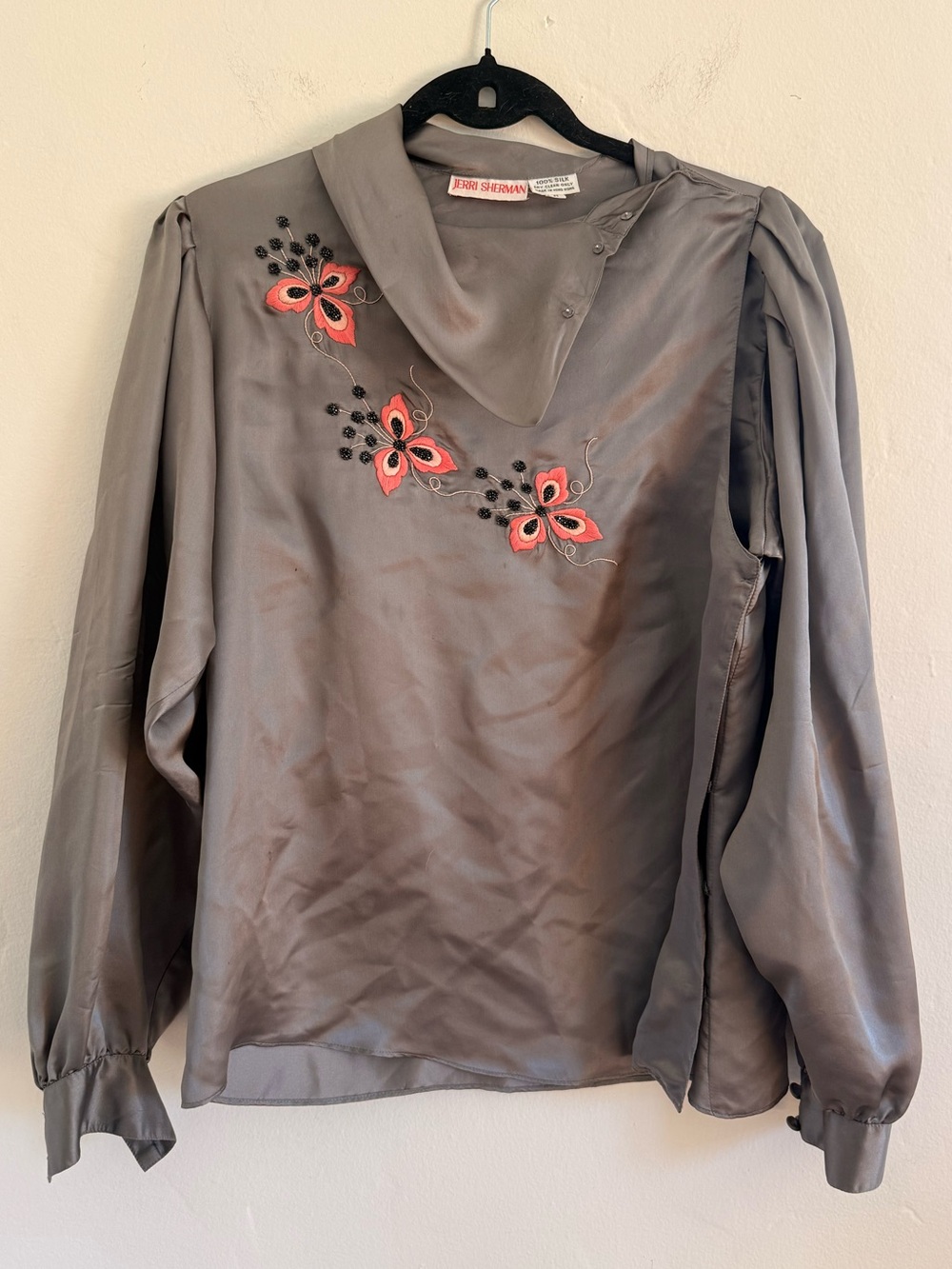 Vintage Gray Silk Blouse with Pink Floral Embroidery